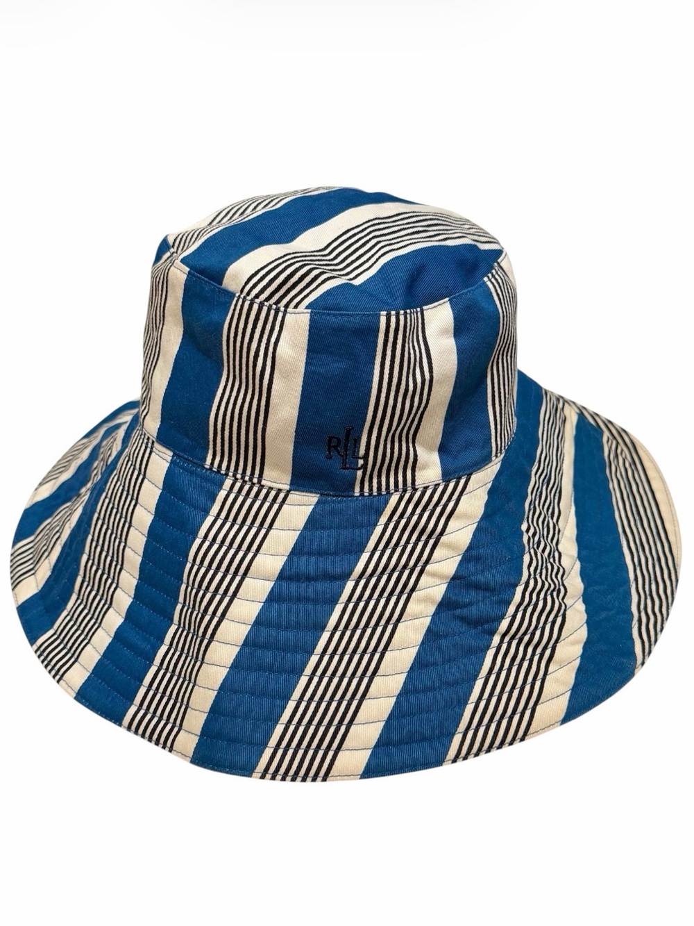 LAUREN Ralph Lauren Striped Wide Brimmed Bucket Hat Striped Blue Ivory Navy M/L